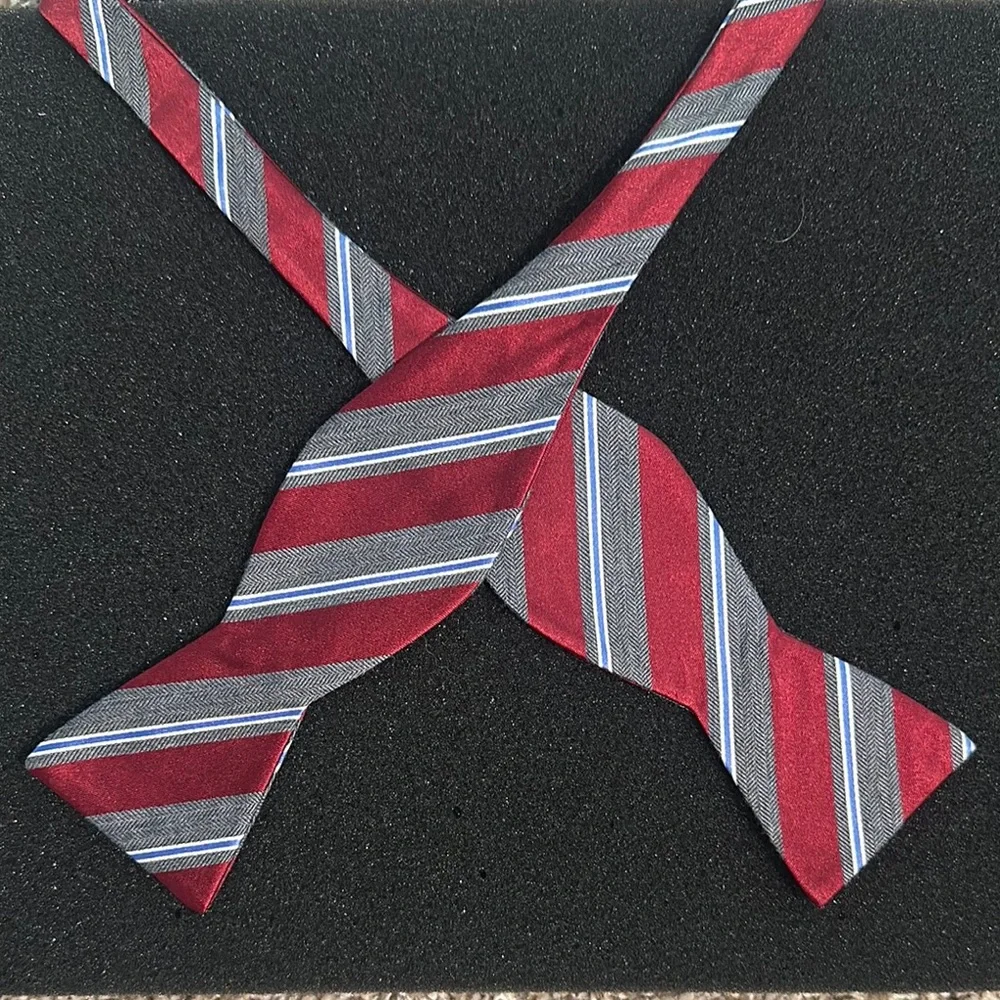 Saddlebred Red/Burgundy, Gray, Blue Striped Self-Tie Bow Tie